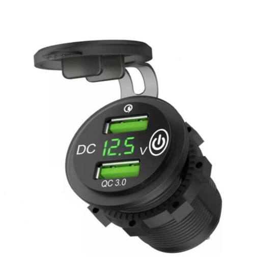 Αδιάβροχη πρίζα μηχανής με 2 θύρες USB QC 3.0 βολτόμετρο και διακόπτη On/Off πράσινο OEM.