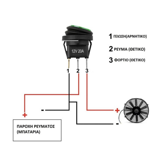Στρογγυλός διακόπτης On/Off 12V 20A 3 pins πράσινο OEM
