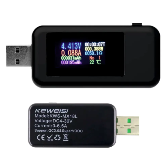USB Tester 10 σε 1 Δοκιμαστικό Τάσης, Ρεύματος, Χωρητικότητας, Ισχύος με Έγχρωμες Ενδείξεις 4V-30V KEWEISI KWS-MX18L
