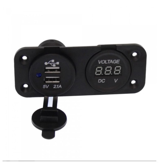 Σετ Βολτόμετρο κόκκινο 12/24V και διπλός USB φορτιστής αυτοκινήτου μπλε με βάση πάνελ OEM