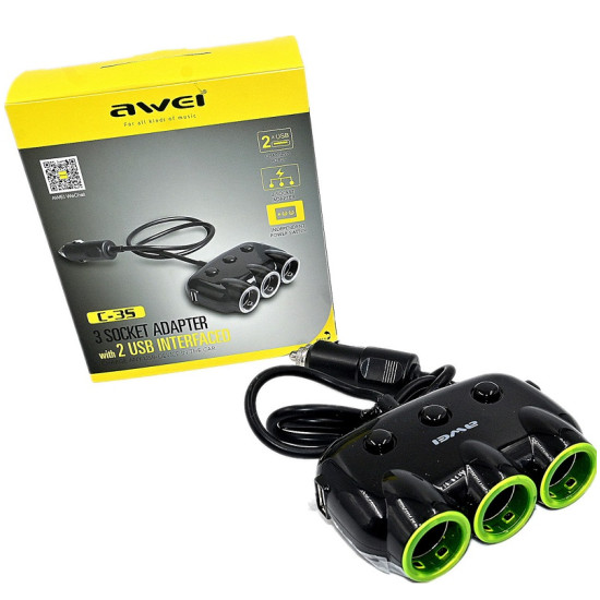 Φορτιστής Αυτοκινήτου 1xUSB 3xΑναπτήρα Awei C-35 2.1A – Μαύρο
