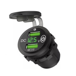 Αδιάβροχη πρίζα μηχανής με 2 θύρες USB QC 3.0 βολτόμετρο και διακόπτη On/Off πράσινο OEM.