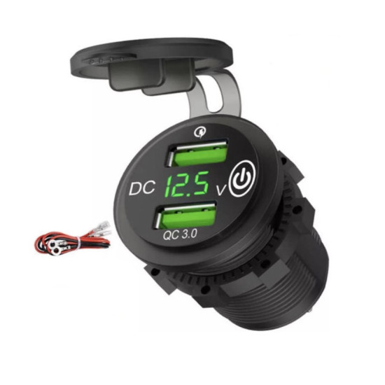 Αδιάβροχη πρίζα μηχανής με 2 θύρες USB QC 3.0 βολτόμετρο και διακόπτη On/Off πράσινο OEM.