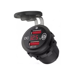 Αδιάβροχη πρίζα μηχανής με 2 θύρες USB QC 3.0 βολτόμετρο και διακόπτη On/Off κόκκινο OEM.