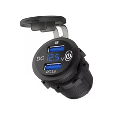 Αδιάβροχη πρίζα μηχανής με 2 θύρες USB QC 3.0 βολτόμετρο και διακόπτη On/Off μπλέ OEM.