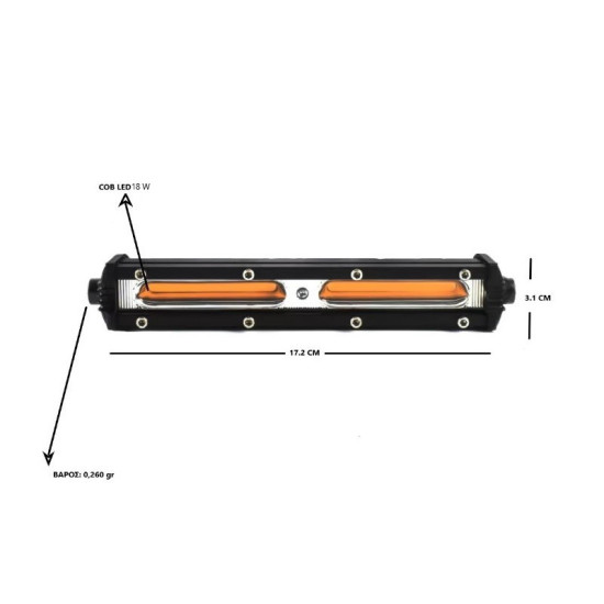Mini Μπάρα LED COB Πορτοκαλί Φωτισμού Σταθερού & Strobe 18W 12/24V IP67 OEM