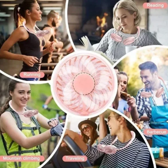 Διπλό Επαναφορτιζόμενο Ανεμιστηράκι Λαιμού USB με 3 Λειτουργίες QL-7 Ροζ