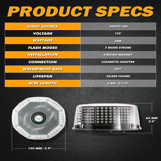 Μαγνητικός LED Φάρος Αυτοκινήτου 12V 240 LED – Πορτοκαλί