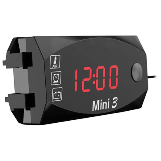 Βολτόμετρο-Θερμοκρασία-Ρολόι 3 σε 1 Mini 3 με κόκκινο φωτισμό.