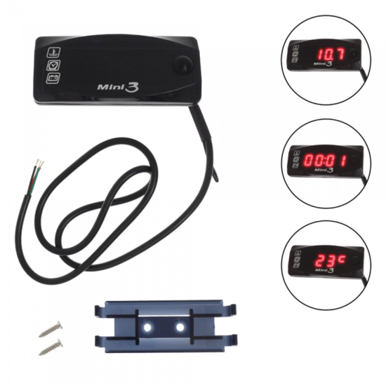 Βολτόμετρο-Θερμοκρασία-Ρολόι 3 σε 1 Mini 3 με κόκκινο φωτισμό.