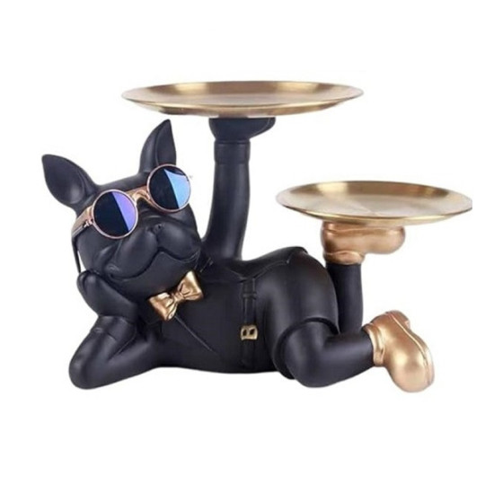 Διακοσμητικό αφηρημένης τέχνης γλυπτό ρητίνης Γαλλικό Μπουλντόγκ με 2 δίσκους 32x17x18cm KJ143H Μαύρο