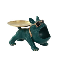 Διακοσμητικό αφηρημένης τέχνης γλυπτό ρητίνης Γαλλικό Μπουλντόγκ με δίσκο 30x17x18.5cm KJ132 Πράσινο