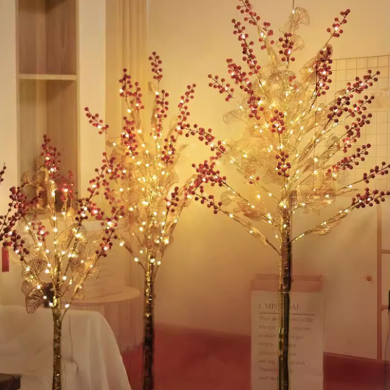 Χριστουγεννιάτικο Διακοσμητικό Χρυσό Δέντρο με Κόκκινα Μούρα 180cm με Θερμό Λευκό Φωτισμό