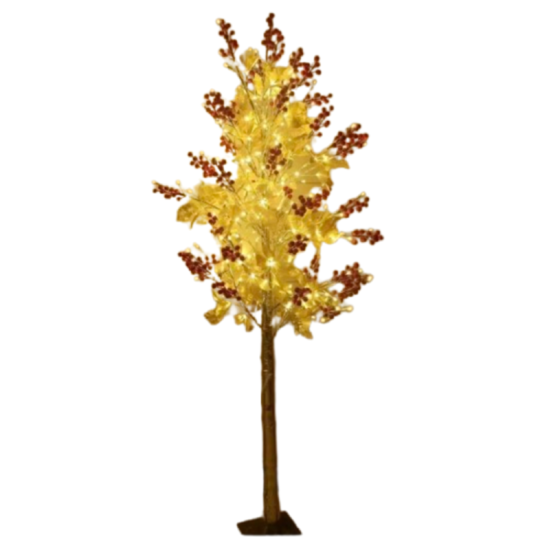 Χριστουγεννιάτικο Διακοσμητικό Χρυσό Δέντρο με Κόκκινα Μούρα 180cm με Θερμό Λευκό Φωτισμό