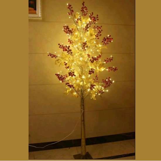 Χριστουγεννιάτικο Διακοσμητικό Χρυσό Δέντρο με Κόκκινα Μούρα 180cm με Θερμό Λευκό Φωτισμό