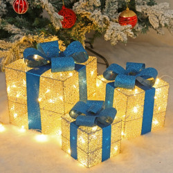 Χριστουγεννιάτικα Διακοσμητικά Δώρα Σετ 3 Τεμαχίων Με Θερμό Λευκό Φωτισμό LED Μπλε Κορδέλα