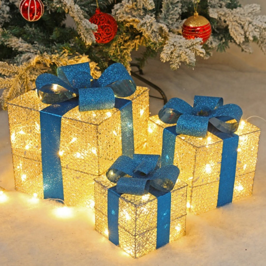 Χριστουγεννιάτικα Διακοσμητικά Δώρα Σετ 3 Τεμαχίων Με Θερμό Λευκό Φωτισμό LED Μπλε Κορδέλα