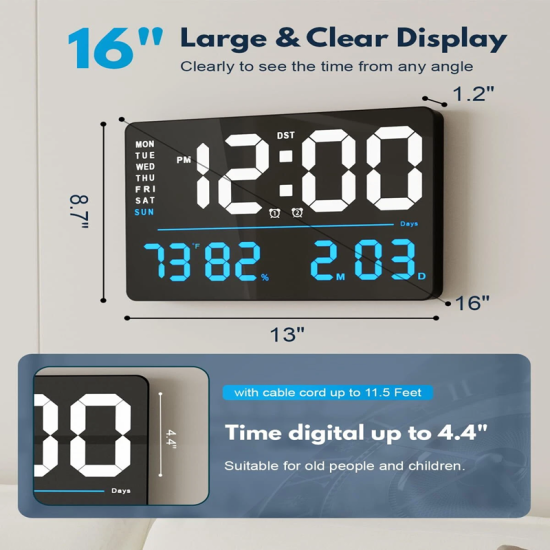 Ψηφιακό Ρολόι LED Τοίχου με Ημερολόγιο – X6636 (Λευκό–Μπλε) 