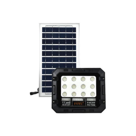 Στεγανός Ηλιακός Προβολέας IP66 Ισχύος 50W με Τηλεχειριστήριο και Ψυχρό Λευκό Φως σε Μαύρο χρώμα FO-T550