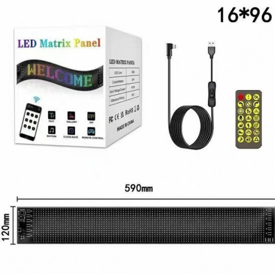 Εύκαμπτη LED Οθόνη Πάνελ Αυτοκινήτου Προσαρμοσμένου Κειμένου και Κινούμενης Εικόνας 16×96 pixel 5v 120x590mm με Bluetooth και Τηλεχειρισμό JN-2853-86 RGB