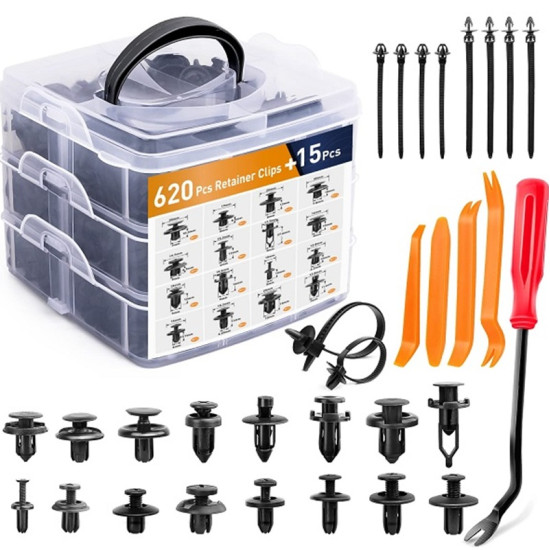 Πλαστικά Κουμπώματα Κλιπς Αυτοκινήτων σε Κασετίνα 635τμχ με 10 δεματικά καλωδίων W17880