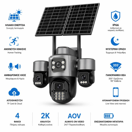 AOV Ηλιακή Κάμερα Ασφαλείας 4 Φακών