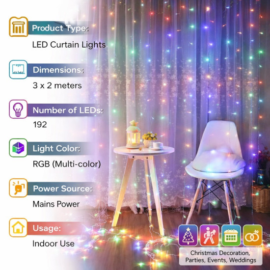 Κουρτίνα Λαμπάκια RGB 3x2m 192 LED με Ρεύμα