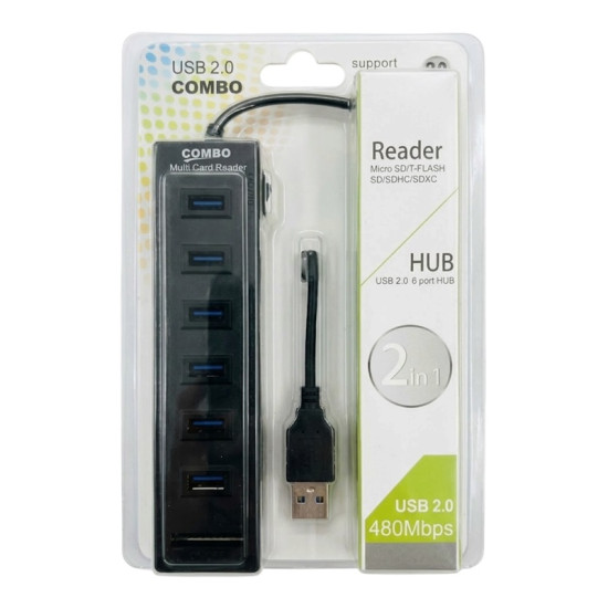 Combo USB Hub 2.0 6 Θυρών & Πολυαναγνώστης Καρτών Μνήμης (Card Reader)