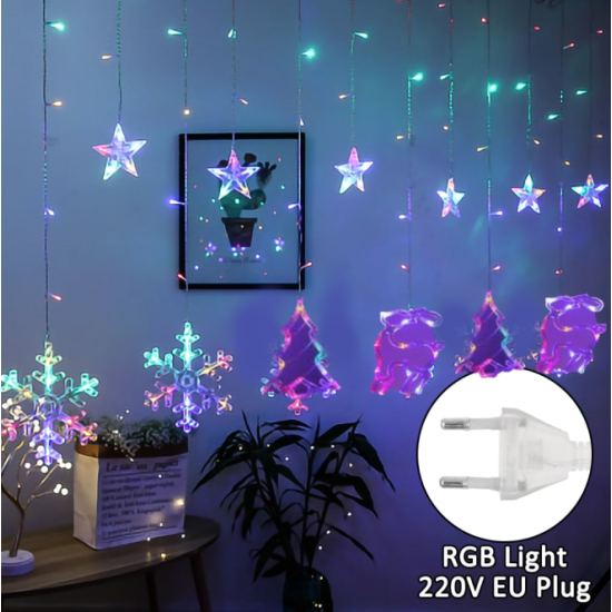 LED Χριστουγεννιάτικα Φωτάκια Κουρτίνα 3μ σε Σχήμα Ελαφιού - Ελατου - Χιονονιφάδας με RGB Πολύχρωμο Φώς - Αστεριού LED Christmas Lights Star