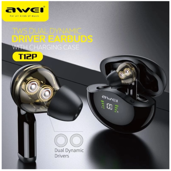 Ακουστικά Bluetooth Awei με Βάση Φόρτισης T12P TWS (Μαύρο) - OEM