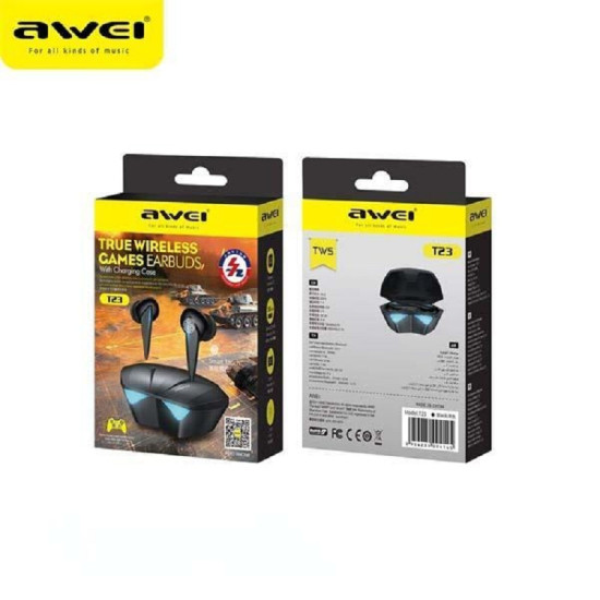 T23 TWS Gaming Earbuds ακουστικά με θήκη μεταφοράς Μαύρο Awei
