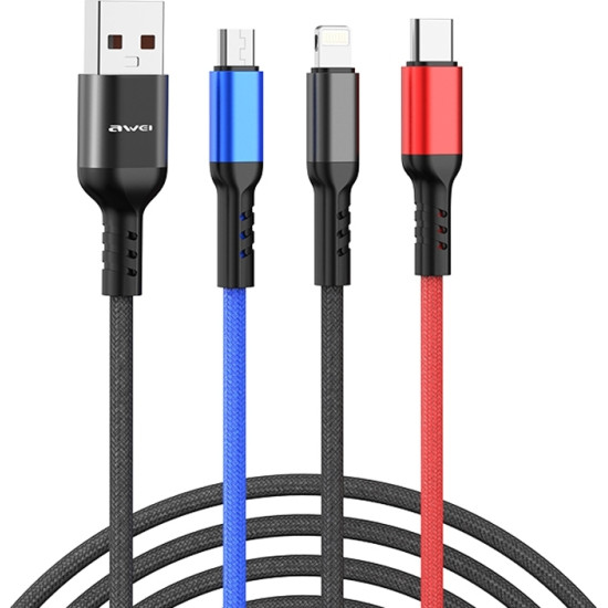 Awei USB to Lightning / Type-C / micro USB Καλώδιο Φόρτισης Μαύρο 1.2m.