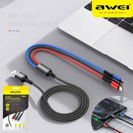 Awei USB to Lightning / Type-C / micro USB Καλώδιο Φόρτισης Μαύρο 1.2m.