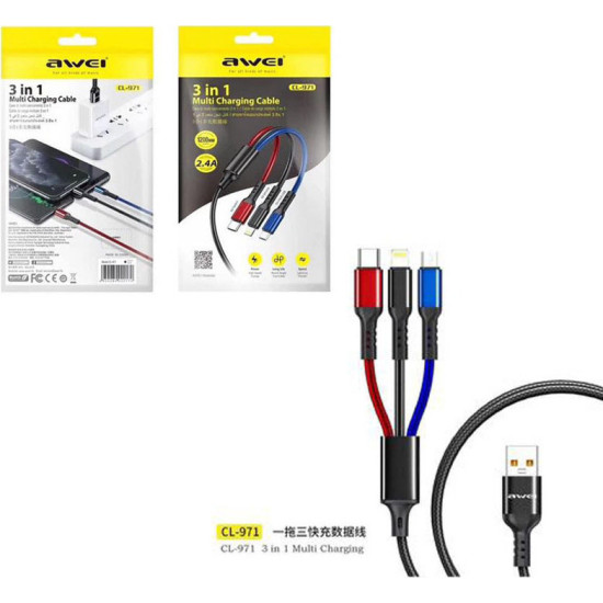 Awei USB to Lightning / Type-C / micro USB Καλώδιο Φόρτισης Μαύρο 1.2m.