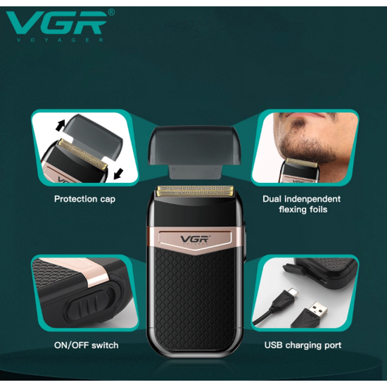 VGR® Αδιάβροχη Επαναφορτιζόμενη Ξυριστική Μηχανή Ασύρματη με Πουγκί Μεταφοράς