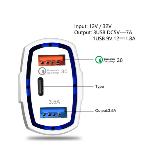 Φορτιστής αυτοκινήτου 35W 7A 3 θυρών Τύπος C και φορτιστής USB QC 3.0 με τεχνολογία Qualcomm Quick Charge 3.0 - OEM