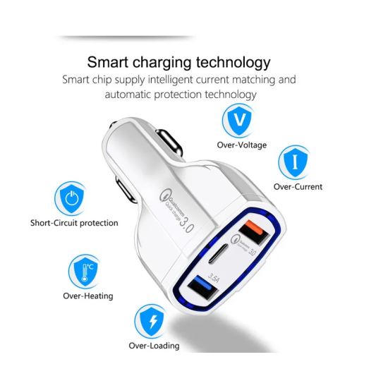 Φορτιστής αυτοκινήτου 35W 7A 3 θυρών Τύπος C και φορτιστής USB QC 3.0 με τεχνολογία Qualcomm Quick Charge 3.0 - OEM