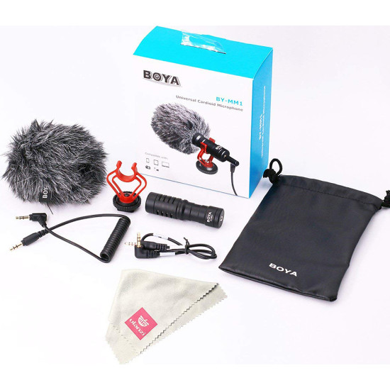 Καρδιοειδές mini μικρόφωνο με γούνινο αντιανέμιο 3.5mm TRS, 3.5mm TRRS καλώδιο και βάση στήριξης Boya BY-MM1