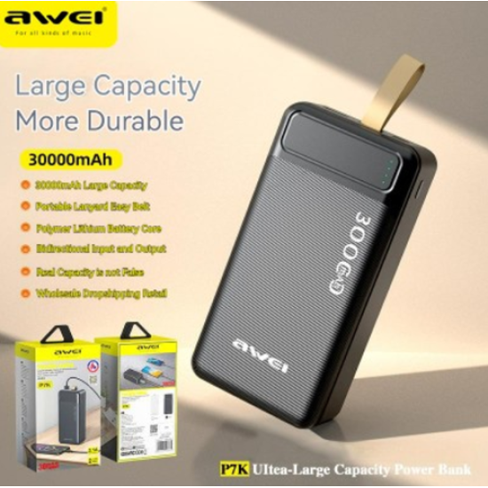 Awei P7K PowerBank 30000mAh με 2 Θύρες USB-A και Θύρα USB-C Μαύρο