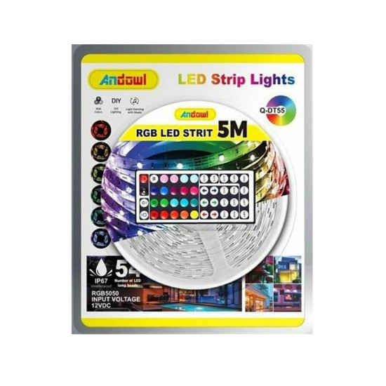 Αδιάβροχη Ταινία LED RGB 5m με Τροφοδοτικό και Τηλεχειριστήριο SMD5050 12V Q-DT55 Andowl