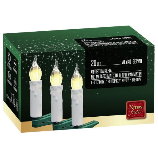 20 Κεριά LED Λευκό Θερμό με Προγράμματα IP44 9m Xmasfest 1134098