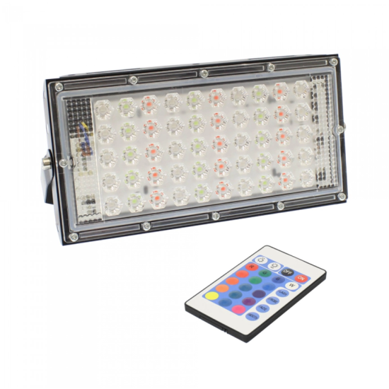 LED Αδιάβροχος προβολέας super slim RGB 220V 50W 4500LM IP66 με τηλεχειριστήριο μαύρος ΟΕΜ