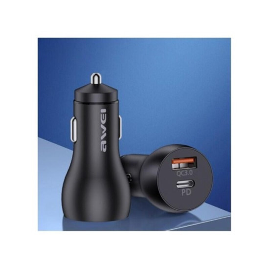 Φορτιστής Αυτοκινήτου Μαύρος C-822  3.0A Γρήγορης Φόρτισης με Θύρες: 1xUSB 1xType-C Awei