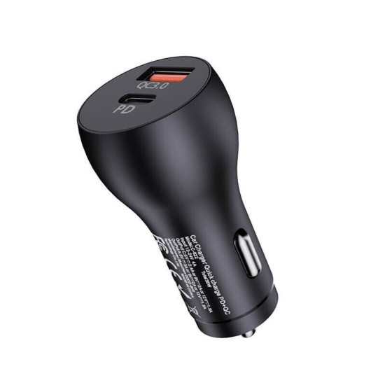 Φορτιστής Αυτοκινήτου Μαύρος C-822  3.0A Γρήγορης Φόρτισης με Θύρες: 1xUSB 1xType-C Awei