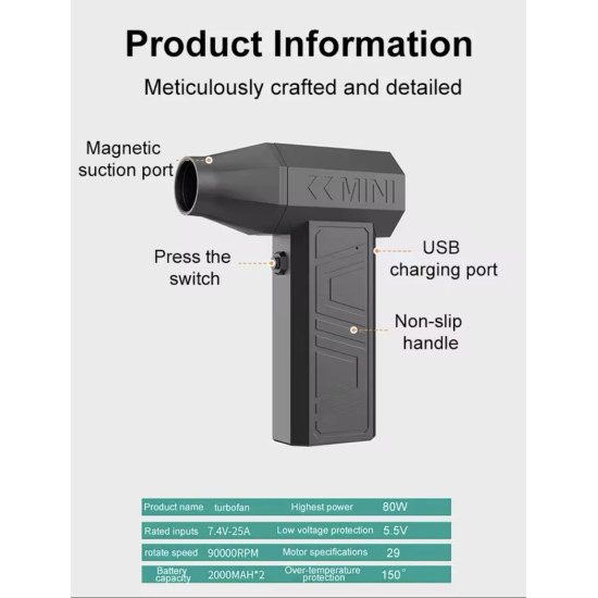Mini Επαναφορτιζόμενος Φυσητήρας Χειρός Turbo 130000RPM Μαύρος Mini Επαναφορτιζόμενος Φυσητήρας Χειρός Turbo 130000RPM Μαύρος