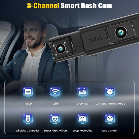 Οθόνη καταγραφής WIFI 3,16 ιντσών αυτοκινήτου 3 καναλιών με εμπρός, πίσω εσωτερική και οπισθοπορείας κάμερα, G-sensor XDG66