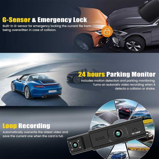 Οθόνη καταγραφής WIFI 3,16 ιντσών αυτοκινήτου 3 καναλιών με εμπρός, πίσω εσωτερική και οπισθοπορείας κάμερα, G-sensor XDG66