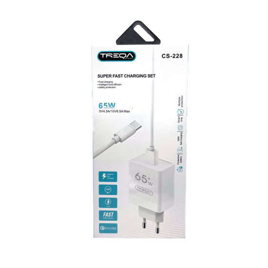 Φορτιστής Ταχείας Φόρτισης με 1 Θύρα USB 4.5A 65W 1m Treqa CS-228 Λευκό