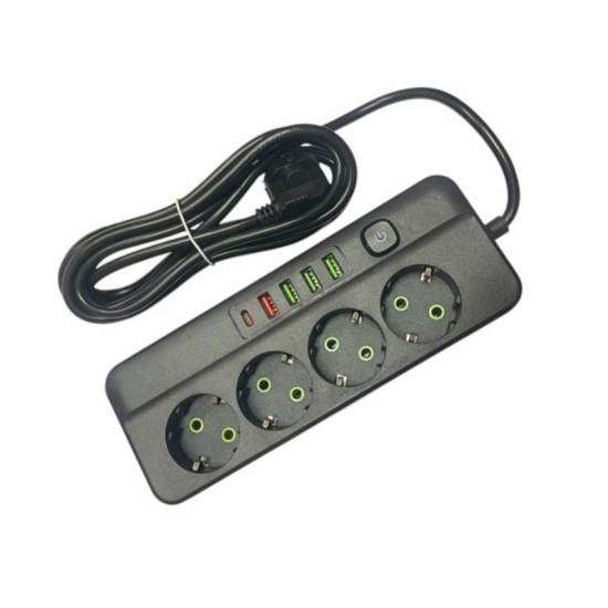 Πολύπριζο 4 θέσεις Σούκο, 4 θύρες Usb & 1 θύρα Type-c l QL-1092U Μαύρο