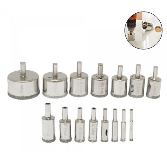 Σετ ποτηροτρύπανα διαμαντιού 6mm-50mm για γυαλί, κεραμικά και πλακίδια 15 τεμαχίων OEM